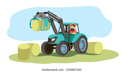 The farmer drives a tractor and loads hay