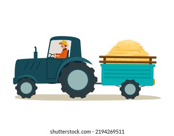 Un granjero conduce un tractor y un remolque con heno.  Preparación de alimentos para animales de compañía para el invierno. Ilustración vectorial.