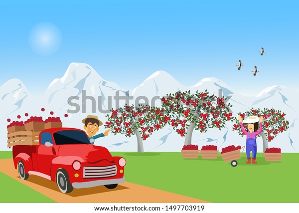 The farmer was driving an apple truck from the\
garden to sell his wife standing there. With white snow mountains\
in the background