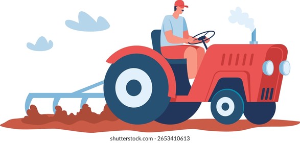 Agricultor dirigindo um trator vermelho brilhante, arando o campo com um cultivador sob um vasto céu azul cheio de nuvens, preparando diligentemente o solo para as próximas atividades de semeadura