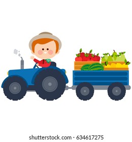 Farmer driving a tractor and carrying fruits. Vector illustration