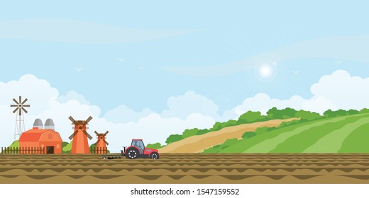 Farmer driving a tractor in farmed land and farmhouse with wind mill on rural farm landscape hill background. agriculture farmhouse vector illustration.