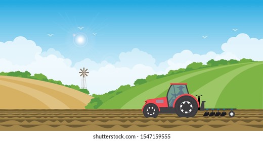 Farmer driving a tractor in farmed land on rural farm landscape hill background.vector illustration.