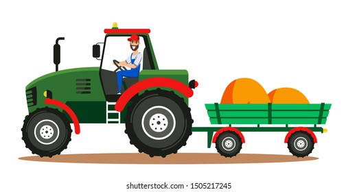 Farmer driving tractor in field illustration. Hay bales in cart. Man cartoon character working in farm using agricultural machinery round isolated clipart. Horticulture and husbandry business