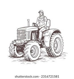 Farmer driving tractor in field illustration. Hay bales in cart. Man cartoon character working in farm using agricultural machinery round isolated clipart. Horticulture and husbandry business