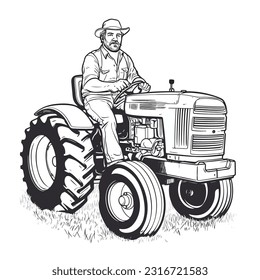 Farmer driving tractor in field illustration. Hay bales in cart. Man cartoon character working in farm using agricultural machinery round isolated clipart. Horticulture and husbandry business