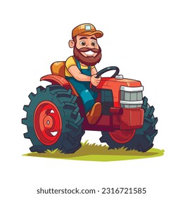 Farmer driving tractor in field illustration. Hay bales in cart. Man cartoon character working in farm using agricultural machinery round isolated clipart. Horticulture and husbandry business