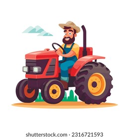 Tractor de conducción agrícola en ilustraciones de campo. Balas de heno en carro. Personaje de caricatura masculino trabajando en granjas usando maquinaria agrícola alrededor de un clíparte aislado. Horticultura y negocios de ganadería