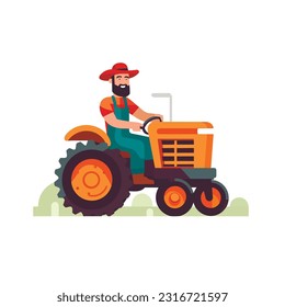 Tractor de conducción agrícola en ilustraciones de campo. Balas de heno en carro. Personaje de caricatura masculino trabajando en granjas usando maquinaria agrícola alrededor de un clíparte aislado. Horticultura y negocios de ganadería