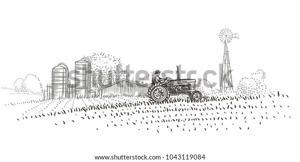 農場近くの畑でトラクターを運転している農夫の手描きのイラスト ベクター画像 のベクター画像素材 ロイヤリティフリー