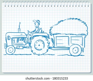 Farmer driving tractor with grass.