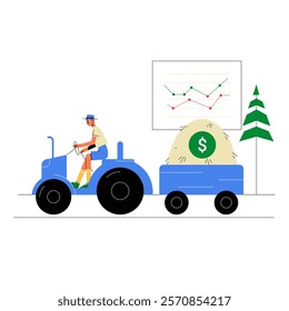 Farmer Driving Tractor With Hay Bale And Dollar Symbol In Flat Vector Illustration Symbolizing Agriculture, Economy, And Rural Business, Isolated On White Background