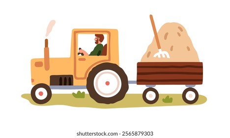 Farmer driving tractor with hay stack on trailer. Farm worker, rural transport driver, countryside scene. Agriculture work on country field. Flat vector illustration isolated on white background