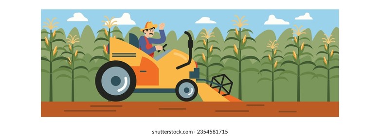 Farmer driving tractor on field. Field processing, growing corn and harvesting concept. Corn cultivation concept. Flat vector illustration in cartoon style