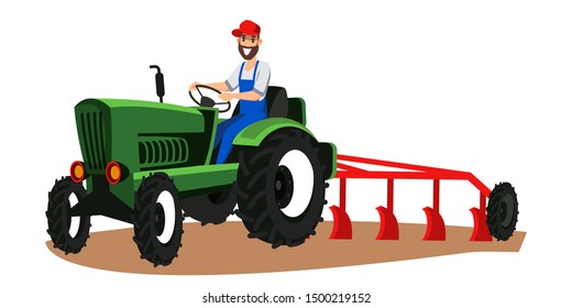 Farmer driving tractor with plough illustration. Man plowing field, using heavy agricultural machinery round isolated clipart. Farmland worker flat character. Horticulture cultivation technology