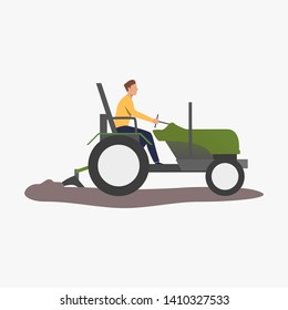 Farmer driving tractor and plowing soil. Planting, cultivating, machinery concept. Vector illustration can be used for topics like business, farming, agriculture