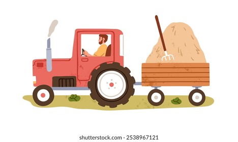 Farmer driving tractor, trailer with hay heap, haystack in countryside. Man, agriculture worker, field transport, vehicle. Farm works. Rural flat vector illustration isolated on white background