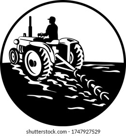 Farmer Driving a Vintage Tractor Viewed From Rear Circle Retro Black and White