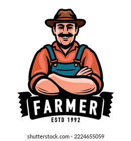 Farmer emblem. Happy male farm worker in hat symbol or logo. Agriculture, farming concept vector illustration