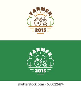 Farmer emblem set with tractor, field, tree and sun color line style isolated on background for farming, natural organic product company, healthy food shop, eco store, nature firm, garden