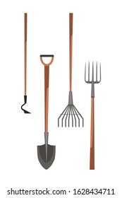 Farmer equipment flat set. Gardening, planting tool kit. Cartoon small hoe, rake for harvesting leave, garden shovel, pitchfork. Household working instrument. Vector cartoon illustration