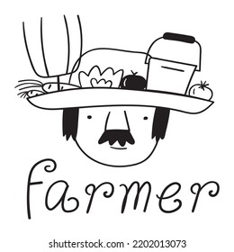 Farmer face. Hand drawn vector outline icon. Black color illustration on white background.