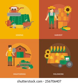 Farmer family business 4 flat icons composition of sowing fieldwork and harvesting flat  abstract isolated vector illustration