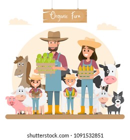 Farmer Family Cartoon Character With Animals In Organic Rural Farm. Vector Illustration