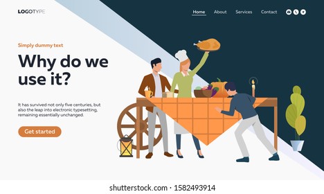 Farmer family celebrating thanksgiving. Table, turkey, pumpkin, fall flat vector illustration. Cooking concept for banner, website design or landing web page