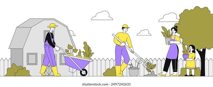 Farmer family in garden. Men and woman with plants in farm. Farming and agriculture. People with potted sprouts. Harvest and crop. Linear vector illustration isolated on white background
