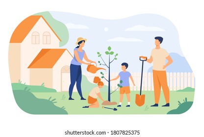 Farmer Family Planting Sapling Near House. Parents Couple And Kids Growing Tree, Doing Garden Work Together In Summer. Vector Illustration For Farming, Village, Outdoor Activities Concept.