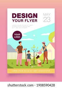 Farmer family planting sapling near house. Parents couple and kids growing tree, doing garden work together in summer. Vector illustration for farming, village, outdoor activities concept.