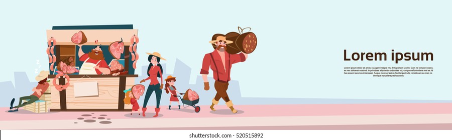 Farmer Family Sell Pork Meat Products On Eco Farm Organic Market Flat Vector Illustration