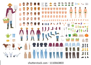 Constructor de granjeros, granjeros o trabajadores agrícolas o kit de bricolaje. Conjunto de partes del cuerpo del personaje masculino, expresiones faciales, ropa, herramientas de trabajo aisladas en fondo blanco. Ilustración vectorial de dibujos animados