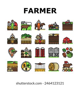 Vector del conjunto de iconos del hombre de campo de la agricultura del granjero. trabajador rural, gente de la naturaleza, planta de cosecha, persona orgánica, trabajo al aire libre granjero agrícola campo hombre línea de color ilustraciones