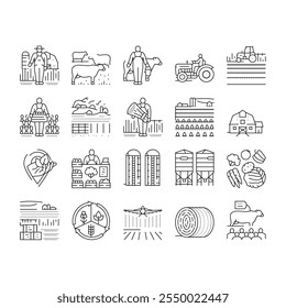 farmer farm agriculture field man icons set vector. rural worker, nature people, harvest plant, organic person, outdoor work farmer farm agriculture field man black contour illustrations