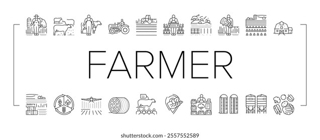 farmer farm agriculture field man icons set vector. rural worker, nature people, harvest plant, organic person, outdoor work farmer farm agriculture field man black contour illustrations