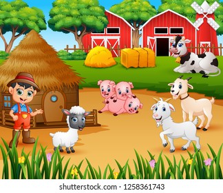Farmer and farm animal in the farmyard