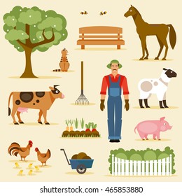 Farmer and farm animals, agriculture and garden