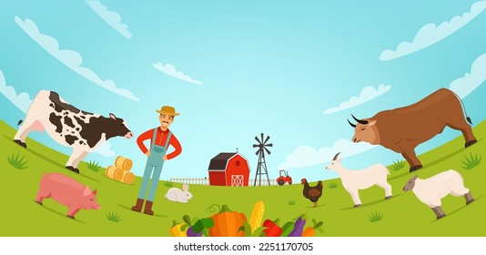 Farmer und Nutztiere auf Cartoon-Landschaftshintergrund