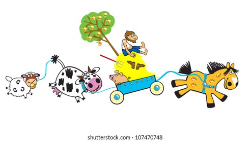 farmer with farm animals ,cartoon vector image isolated on white background,children illustration,horizontal picture