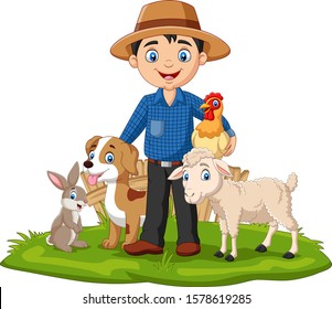 Farmer with farm animals in the grass