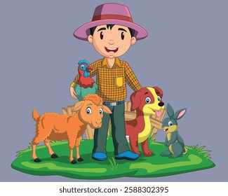 Farmer with farm animals in the grass vector illustration