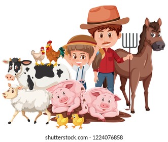 Farmer and farm animals illustration