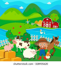 Farmer and farm animals on the farm illustration