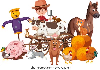 Farmer and farm animals on white background illustration