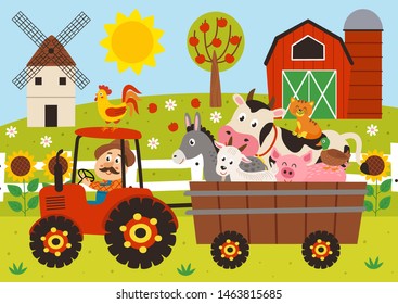 farmer and farm animals riding a tractor with a trailer - vector illustration, eps    