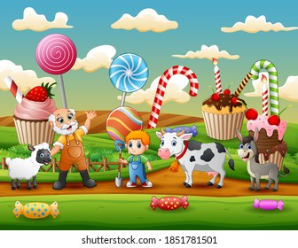 The farmer and farm animals in the sweet land illustration