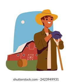 Farmer at farm concept. Man with rakes and haystack near barn. Farming and agriculture. Graphic element for website. Cartoon flat vector illustration isolated on white background