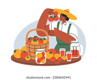 Granjero con cosecha de granjas, verduras orgánicas frescas. Trabajadora agrícola, mujer vendiendo tomate y productos naturales en el mercado local. Ilustración vectorial gráfica plana aislada en fondo blanco